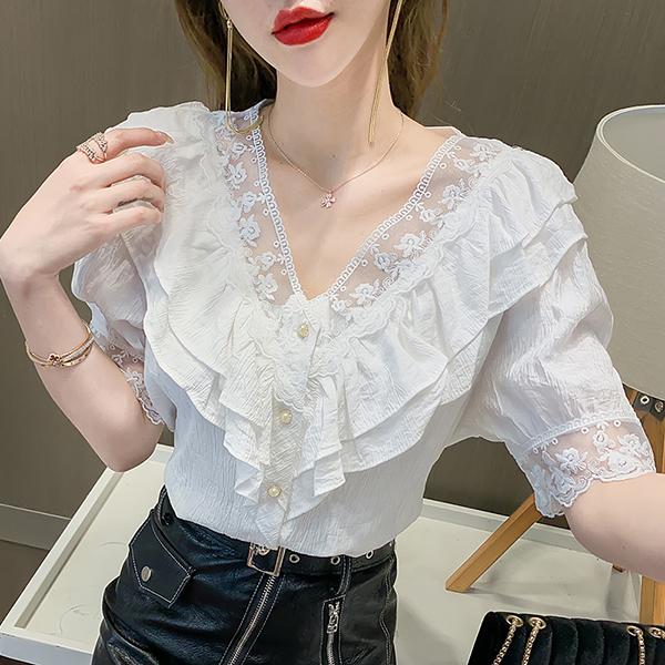 ブラウス レディース 白 オフィス 夏 おしゃれ 半袖 40代 仕事 フリル トップス シャツ Vネック レース きれいめ 大きいサイズ 着痩せ 大人 上品 通勤 Ol 新品 Y4575 アユストア 通販 Yahoo ショッピング