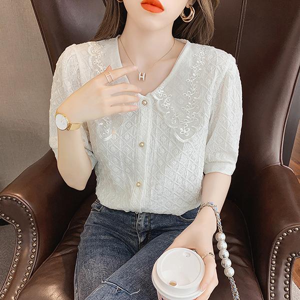 ブラウス レディース 白 オフィス 春夏 おしゃれ 半袖 40代 代 仕事 襟付き トップス レースシャツ きれいめ 大きいサイズ 着痩せ 韓国風 大人 上品 通勤 新品 Y4572 アユストア 通販 Yahoo ショッピング