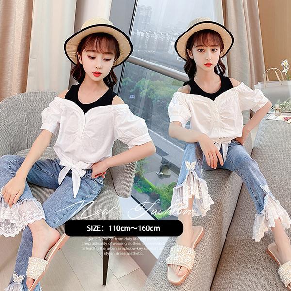 子供服 セットアップ キッズ 女の子 春夏 トップス 半袖 ブラウス シャツ 肩出し デニムパンツ 長ズボン 韓国子ども服 ジュニア ベビー服 おしゃれ 可愛い 新品 Y4579 アユストア 通販 Yahoo ショッピング