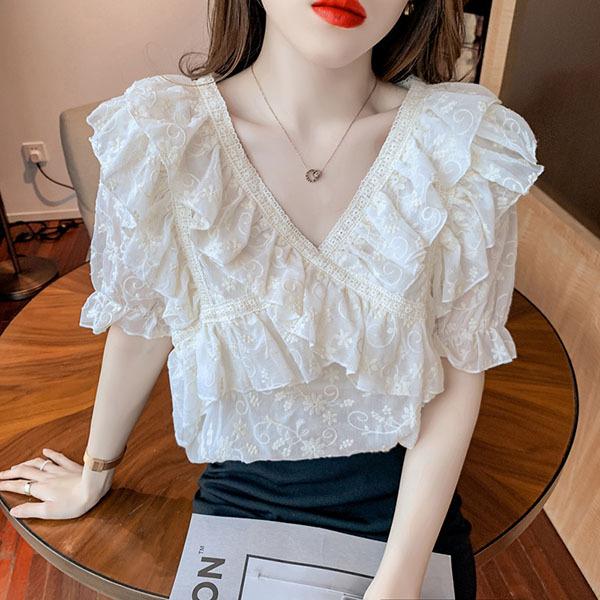 ブラウス レディース 白 夏服 おしゃれ 半袖 40代 代 仕事 フリル トップス シャツ Vネック きれいめ 可愛い カジュアル 着痩せ 韓国風 大人 上品 通勤 新品 Y4563 アユストア 通販 Yahoo ショッピング