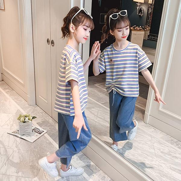 バーゲンで 女の子 上下セット 130 シフォンシャツ デニムパンツ 韓国子供服