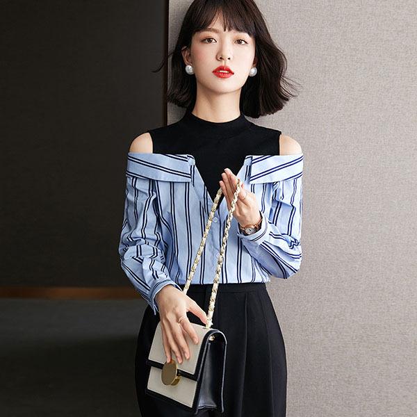 ブラウス レディース 長袖 オフィス 春秋 40代 トップス シャツ 肩出し ストライプ Tシャツ きれいめ おしゃれ 大きいサイズ 着痩せ 大人 上品 通勤 可愛い 新品 Y4554 アユストア 通販 Yahoo ショッピング