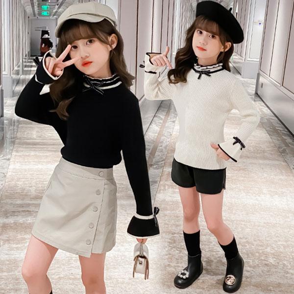 セーター キッズ 女の子 トップス 女の子 ニット セーター 綿 デイリー コーデ 長袖 蝶結び オシャレ 可愛い 防寒 通学 春 秋 冬 ブラック ホワイト 110 160 Y アユストア 通販 Yahoo ショッピング