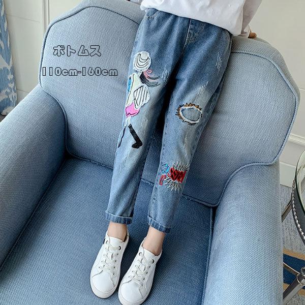 子供パンツ ジーンズ 女の子 ボトムス 長ズボン ロングパンツ デニム ライトブルー プリント 刺繍 オールシーズン キッズ 110 1 130 140 150 160 ゴムベルト Y アユストア 通販 Yahoo ショッピング
