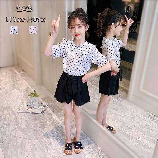 子供服 セットアップ 女の子 夏服 キッズ 上下セット 2点セット シャツ ショーツ オシャレ 可愛い 普段着 水玉柄 ブラウス ドット柄 デイリー お祝い 110 160 Y6049 アユストア 通販 Yahoo ショッピング