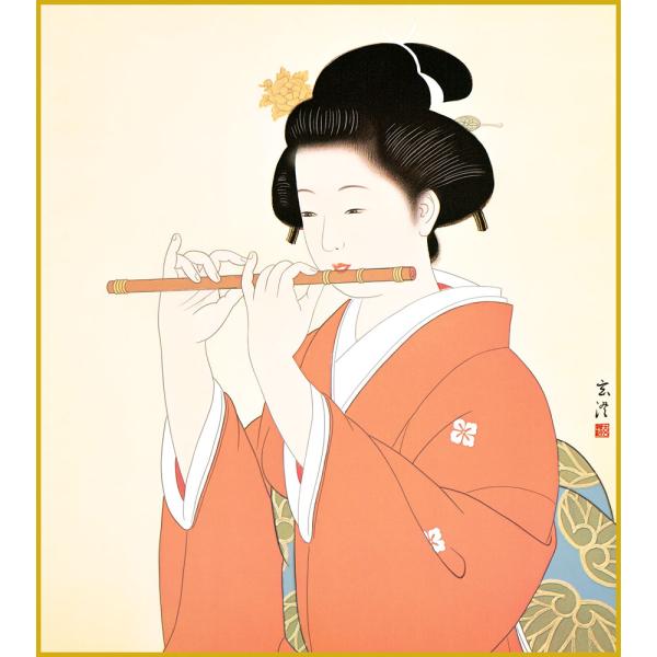 色紙  色紙掛けなし 色紙絵  和風 笛を吹く娘  モダン 掛軸 床の間 和室 おしゃれ 壁掛け 絵