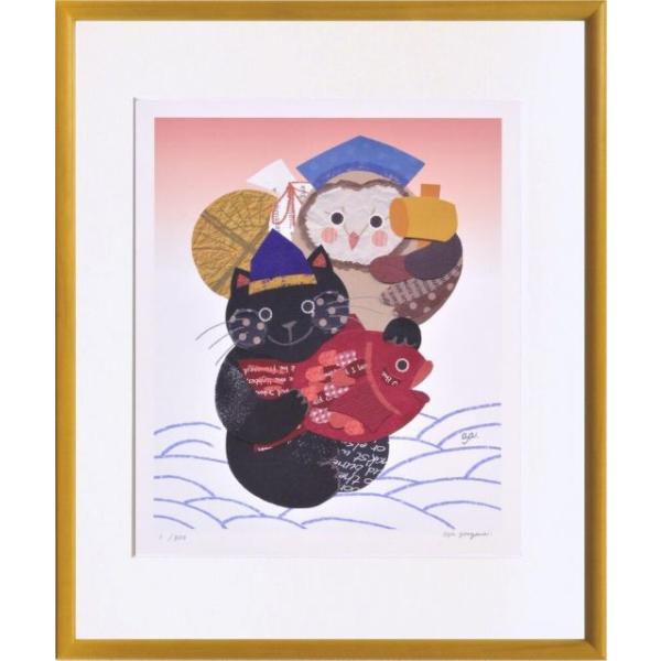 絵画 米澤 彩 恵比寿猫と大黒ふくろう 壁掛け 壁飾り インテリア