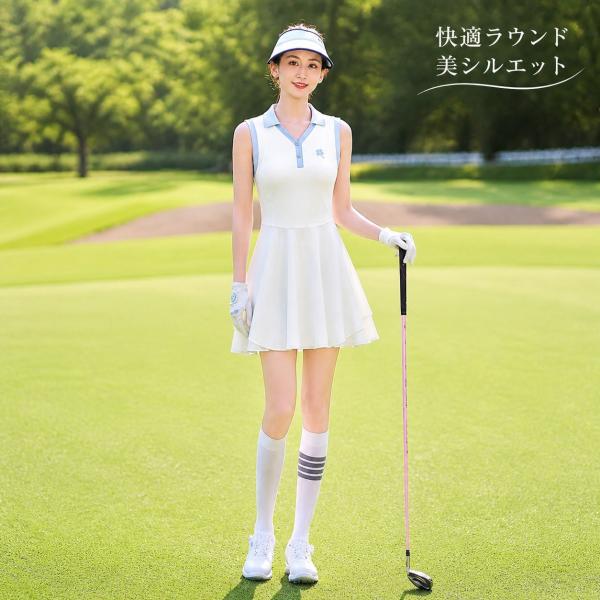 ゴルフワンピース レディース ノースリーブ ポロ襟 ウエストシェイプ Aライン ロング丈 速乾 夏用