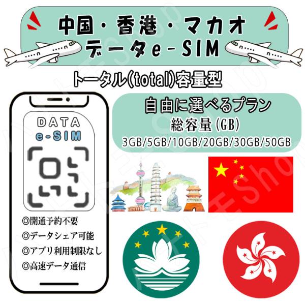 中国/香港/マカオ esim プリペイドsim simカード 3GB/5GB/10GB/20GB/30GB/50GB 4G LTE 5G データ通信 テザリング可能