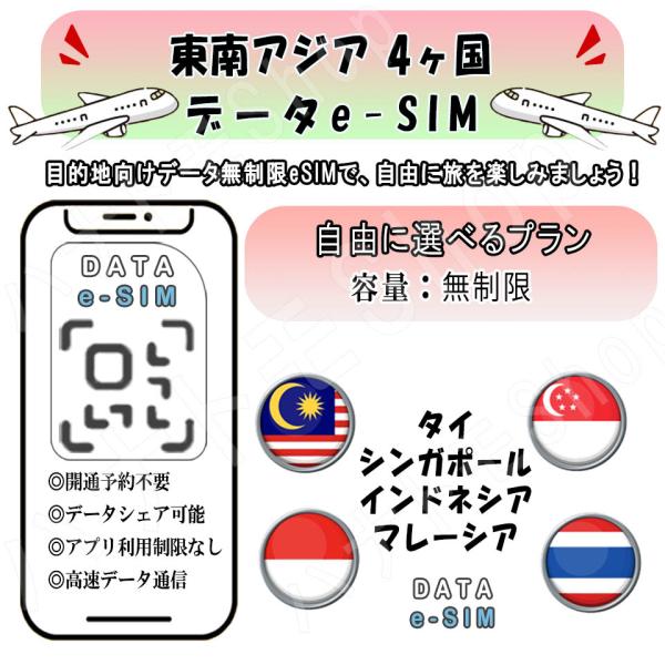 東南アジア４ヵ国 esim 無制限  simカード 4G LTE 5G データ通信 テザリング可能 海外旅行 短期渡航 旅行 短期 出張