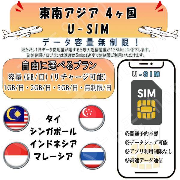 東南アジア SIM プリペイドSIM 1GB 2GB 3GB 無制限/日 4G LTE 高速通信 データ専用 旅行 出張向け 事前設定不要 簡単接続 テザリング可 リチャージ可能