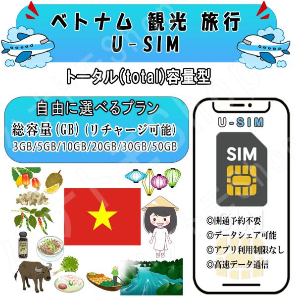 ベトナム SIM プリペイド3GB 5GB 10GB 20GB 30GB 50GB LTE 高速通信 旅行 事前設定不要 簡単接続 テザリング リチャージ可能