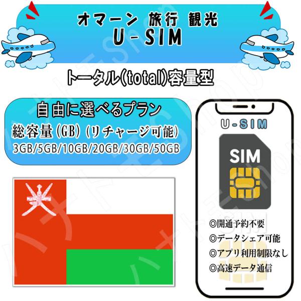オマーン sim プリペイドカード3GB 5GB 10GB 20GB 30GB 50GB LTE 高速通信 旅行 事前設定不要 簡単接続 テザリング リチャージ可能