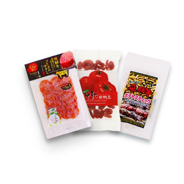 驚くほどワイン・果実酒によく合う！ご当地おつまみ ３種セット。飛騨信州のご当地グルメをご自宅で堪能できる絶好のチャンス！■商品詳細￣￣￣￣￣￣￣【内容量】［プレミアムサラミソーセージ:90g／山椒0.2g］［塩とまと甘納豆:150g］［飛騨...