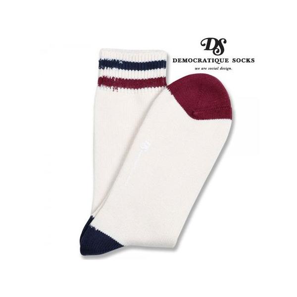 デモクラティックソックス リラックス トゥー ストライプ ソックス 靴下 DEMOCRATIQUE SOCKS ナチュラル/ネイビー/レッドワイン クルーソックス