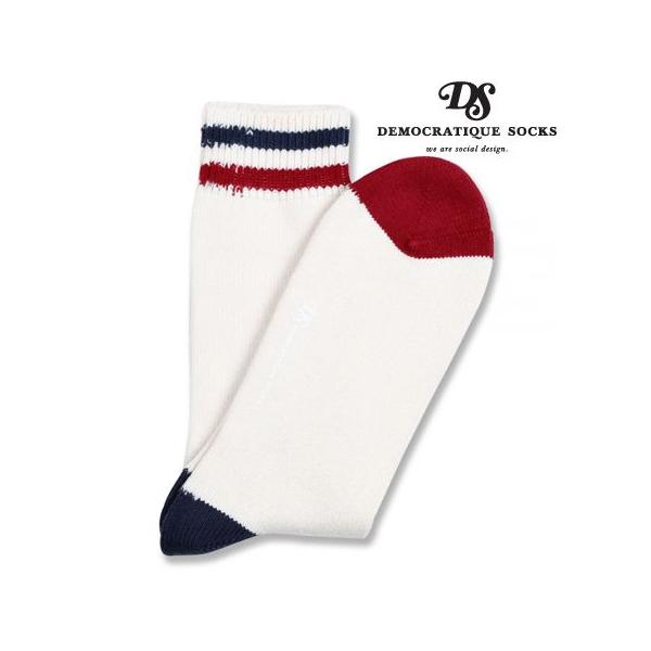 デモクラティックソックス リラックス トゥー ストライプ ソックス 靴下 DEMOCRATIQUE SOCKS   ホワイト/レッド/ネイビー