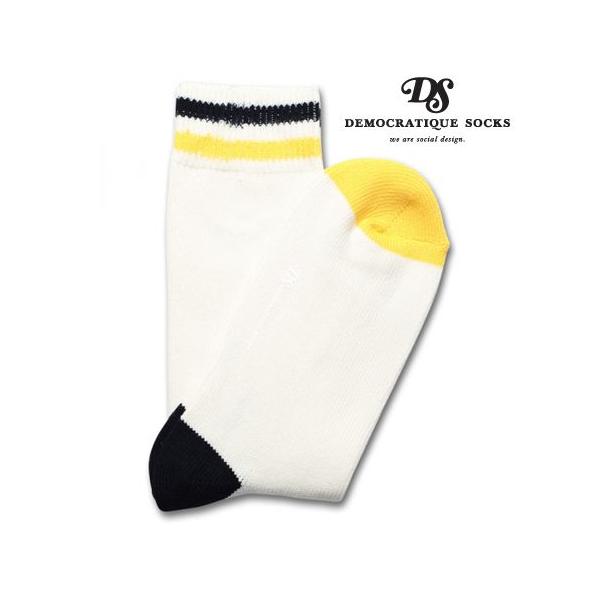デモクラティックソックス リラックス トゥー ストライプ ソックス 靴下 DEMOCRATIQUE SOCKS  ホワイト/イエロー/ネイビー