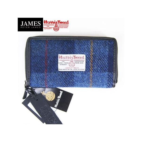 Peter James ピータージェイムス ハリスツイード ウォレット 情熱セール Harris Tweed X ブルーチェック ラウンドファスナー Leather 長財布 Wallet