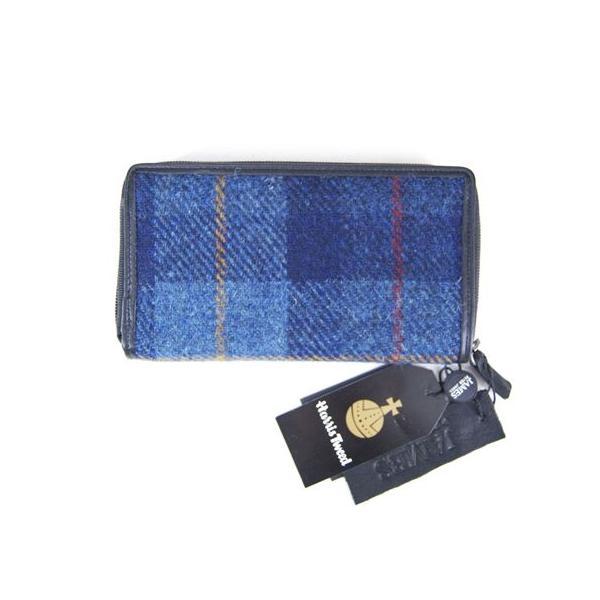 Peter James ピータージェイムス ハリスツイード ウォレット 情熱セール Harris Tweed X ブルーチェック ラウンドファスナー Leather 長財布 Wallet