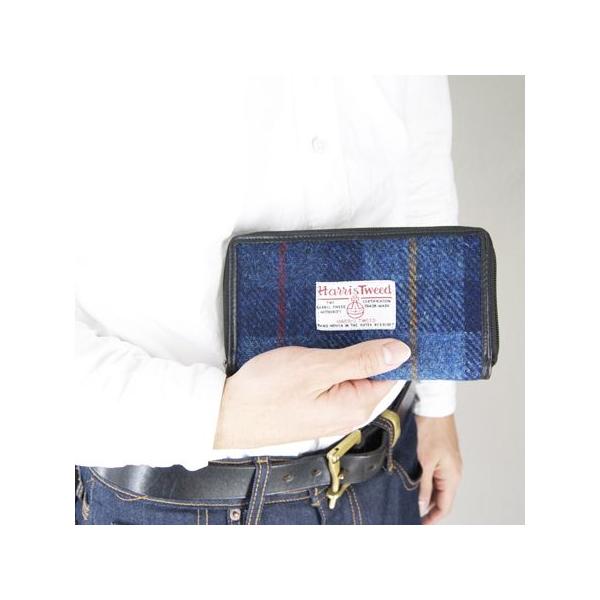 Peter James ピータージェイムス ハリスツイード ウォレット 情熱セール Harris Tweed X ブルーチェック ラウンドファスナー Leather 長財布 Wallet