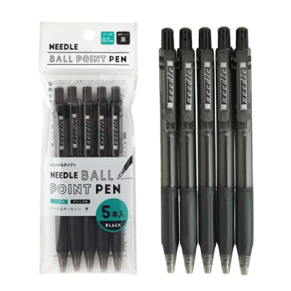 ノック式 グリップ ボールペン 黒 0.7mm 5本入 黒インク 油性 文房具