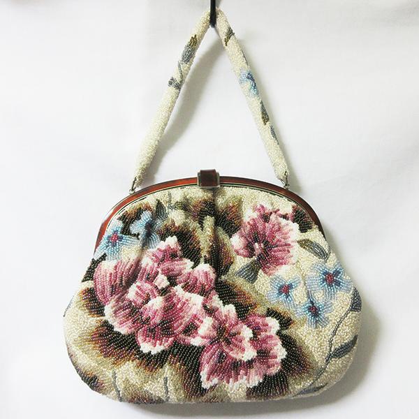 美品 総ビーズ ハンドバッグ 花柄 べっ甲　浴衣や がま口 ハンドバッグ 総ビーズ 花柄 べっ甲 ヴィンテージ ミラー