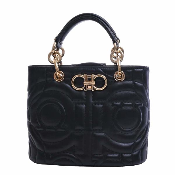 Ferragamo フェラガモ ガンチーニ レザー ハンドバッグ 2way 黒色 Ferragamo フェラガモ ガンチーニ レザー ハンドバッグ 2way 黒色