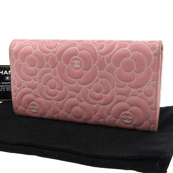 送料無料 新品のb楽市本店 本物 ラムスキン Chanel シャネル カメリア ラムスキン フラップ ピンク 長財布 ピンク 長財布 21番台 正規品大放出セール