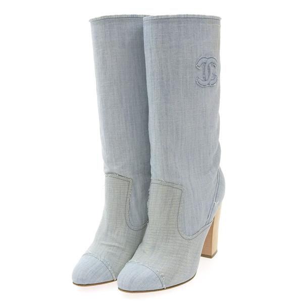B楽市本店 CHANEL シャネル デニム ココマーク ロングブーツ 水色 38C