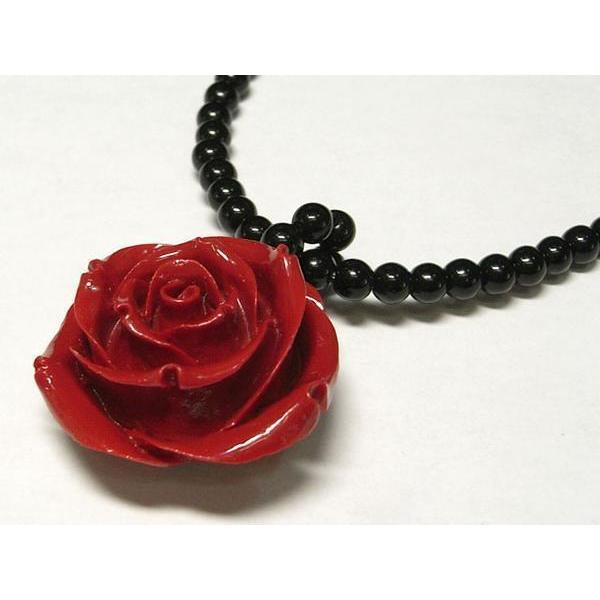 ◇珊瑚ショートネックレス◇薔薇トップ レッド 赤 ブラック01-212
