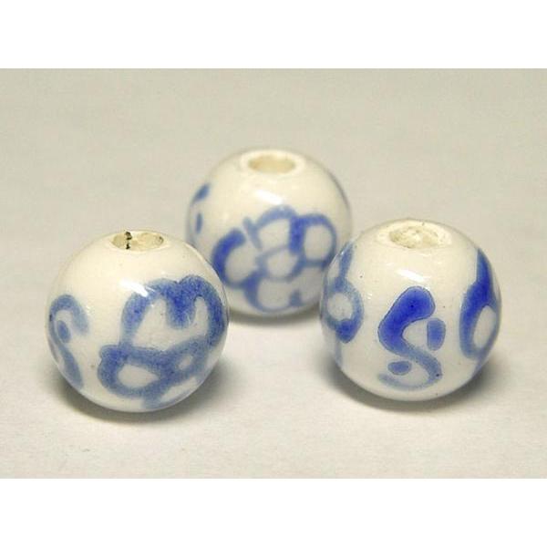 ◇陶器ビーズ連◇ラウンド 約8mm 青絵 花 29個 06-0818 : Bクラフト