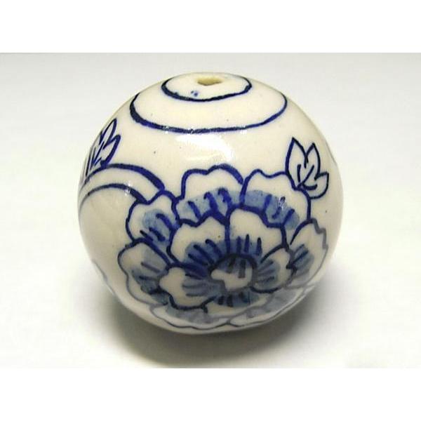 ◇陶器ビーズ◇ラウンド 約37mm 青絵 花 1個 06-0845