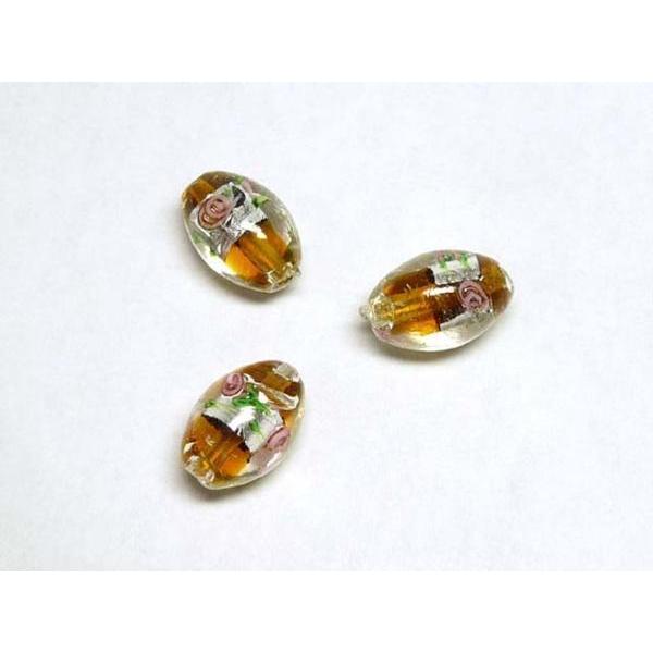 ■トンボ玉連■ オーバル 花と箔 ブラウン 約16mm 06-0975