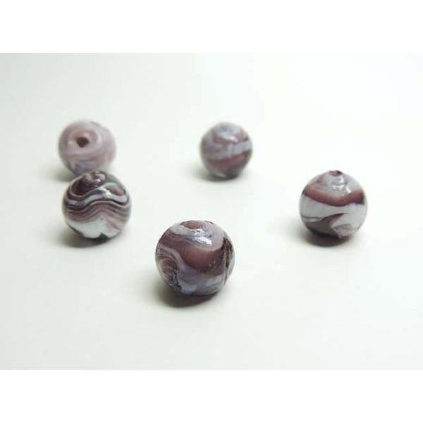 ■トンボ玉連■ラウンド マーブル柄パープル約12〜13mm 06-1020