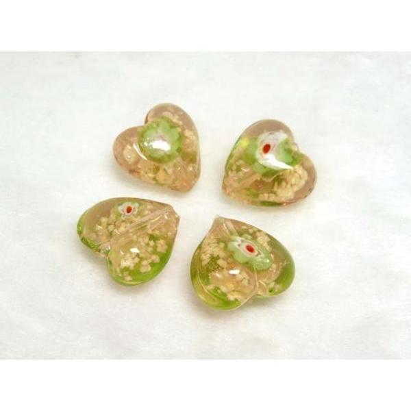 ■トンボ玉連販売■ハート 花模様 約15mm ピンク 06-1061