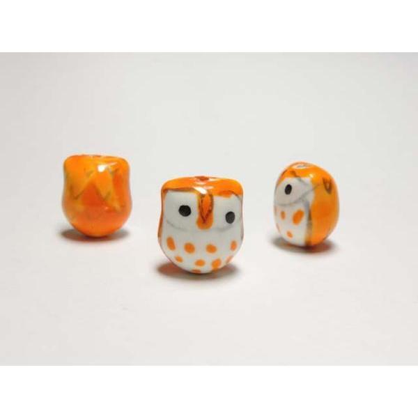 ■陶器ビーズ■フクロウ 約16×14mm オレンジ14個06-1096