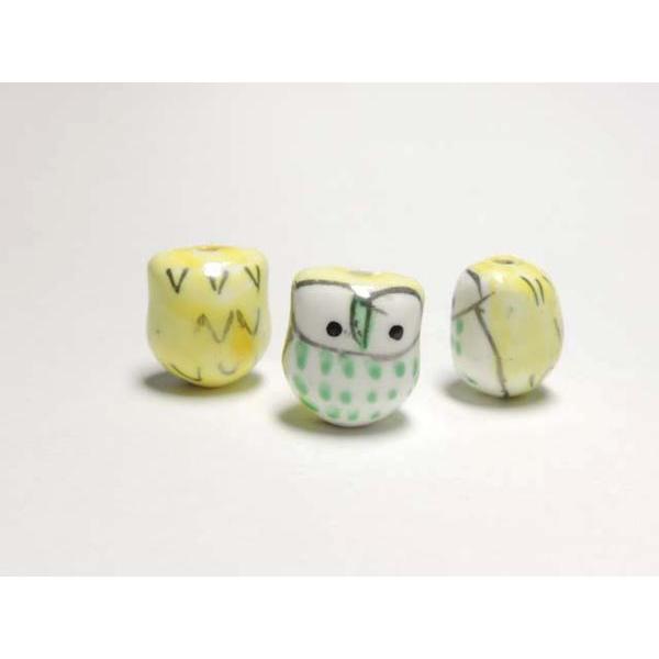 ■陶器ビーズ■フクロウ 約16×14mm イエロー14個06-1097