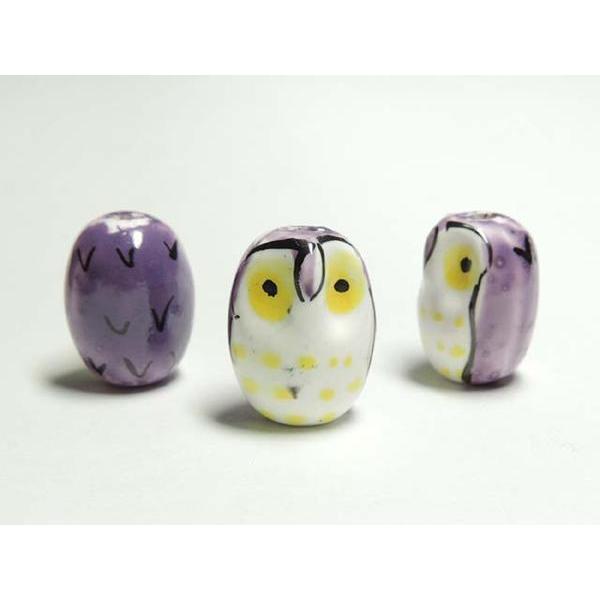 ■陶器ビーズ■フクロウ 約22×17mm パープル10個06-1101