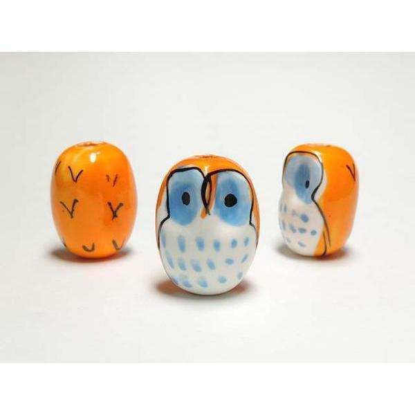 ■陶器ビーズ■フクロウ 模様 約22×17mm オレンジ06-1106