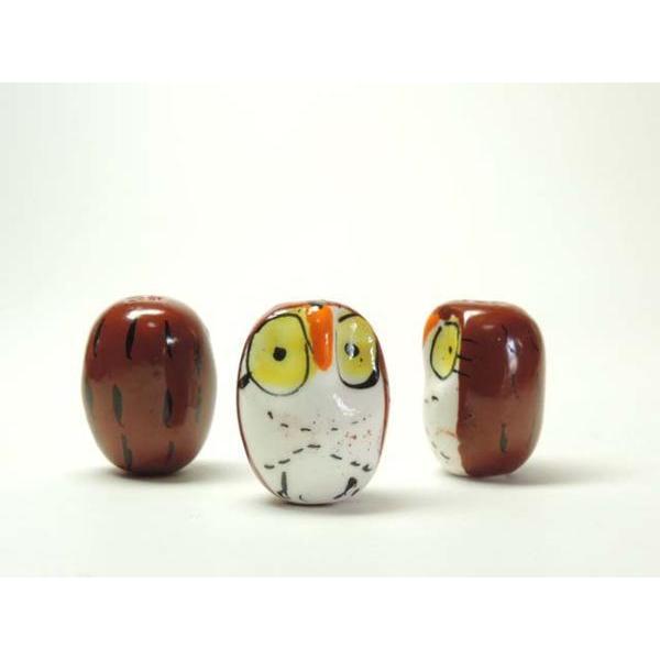 ■陶器ビーズ■フクロウ 模様 約22×17mm ブラウン 06-1109