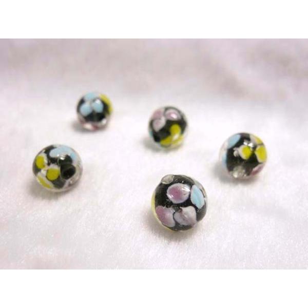 ■トンボ玉■連販売■花模様　ラウンド約12mm 黒 06-1144