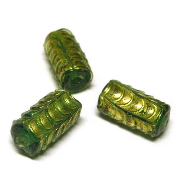 ◇箔入りトンボ玉◇円柱 緑 約18×10mm 約9粒 グリーン 06-1203