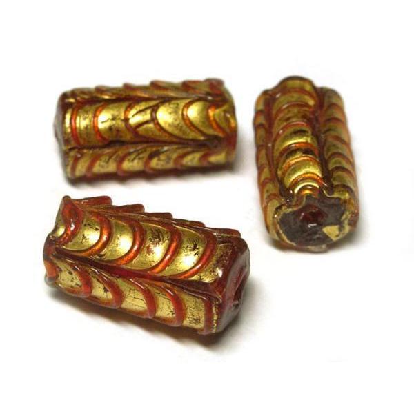 ◇箔入りトンボ玉◇円柱 赤 約18×10mm 約9粒 レッド 06-1205
