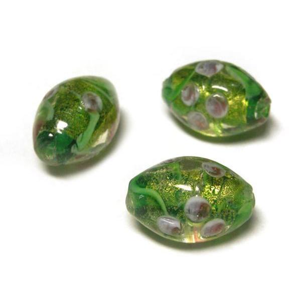 ◇箔入りトンボ玉◇オーバル 約17mm 約9粒 花 グリーン 06-1215