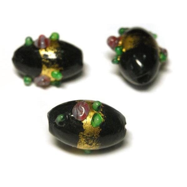 ◇箔入りトンボ玉◇オーバル 約15mm 約9粒 花 ブラック 06-1218
