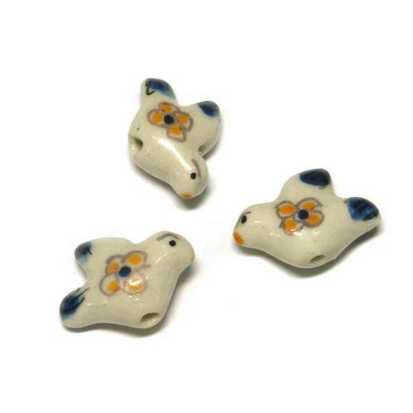 ◇陶器ビーズ◇花千鳥 ホワイト 約12×18mm 約20粒 白 06-1226