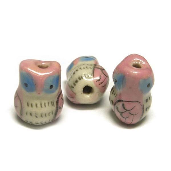 ◇陶器ビーズ◇フクロウ ピンク 約16×12mm 約13粒 桃 06-1233
