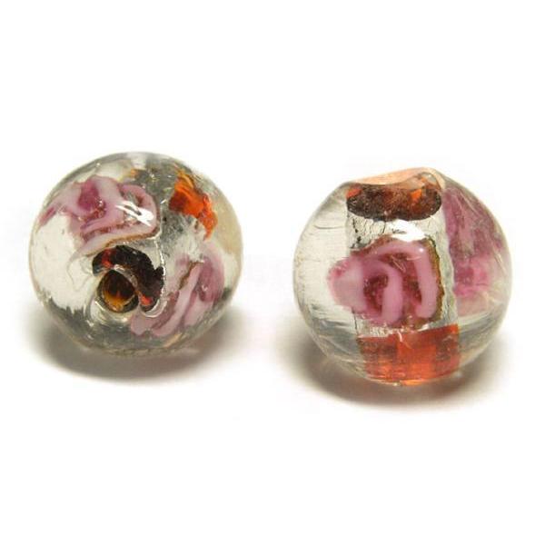◇箔入りトンボ玉連◇薔薇 ラウンド 約12mm 約33粒 橙 06-1255
