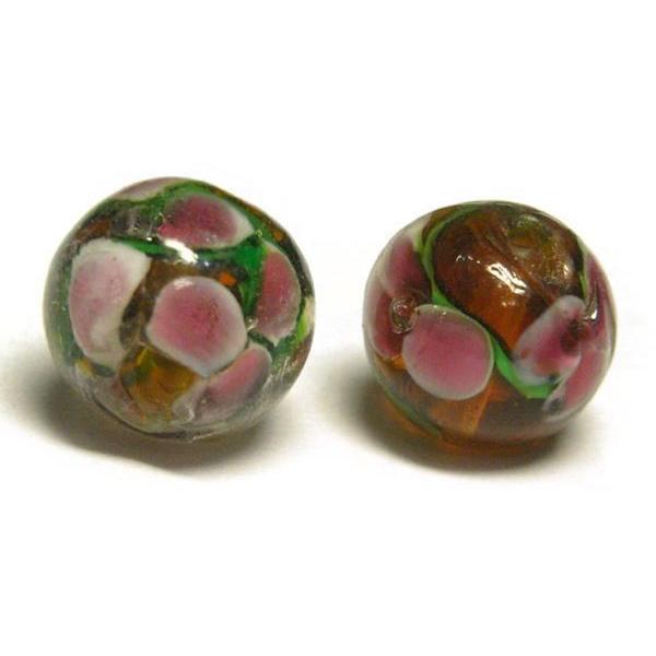 ◇花柄トンボ玉連◇ラウンド 約10mm 約35粒 薄茶 06-1259