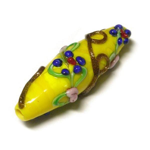 ◇高級手作りトンボ玉◇ナツメ型 花 イエロー 1粒 06-1266